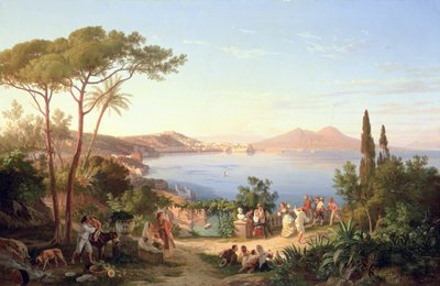 Baie de Naples avec des Italiens dansant, vers 1850 - Carl Wilhelm Goetzloff